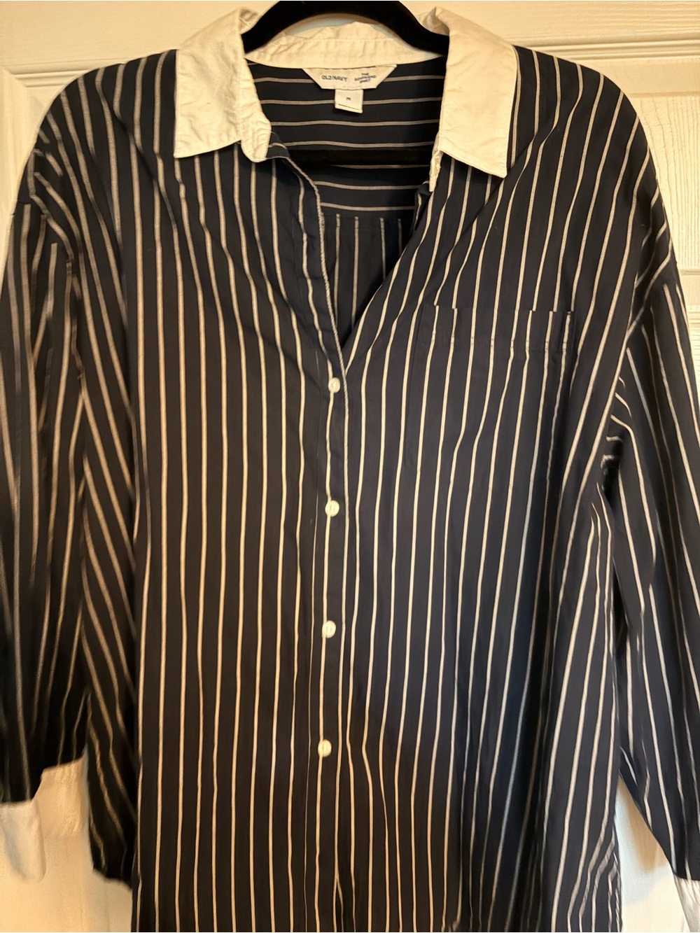 Old Navy Navy and White Striped Button-Up Blouse